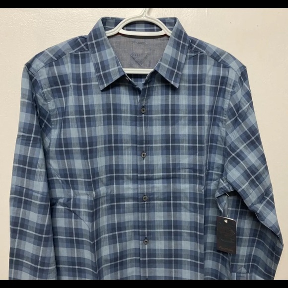 Flag & Anthem Mens Button Up Shirt Plaid Medium Adult Light Blue Navy Stretch - Picture 5 of 13